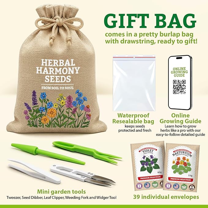 Gardening Gift for Women – 39 Medicinal Herb Seeds Variety Pack, Heirloom Non-GMO Apothecary & Herbal Tea Garden Kit, Made in USA