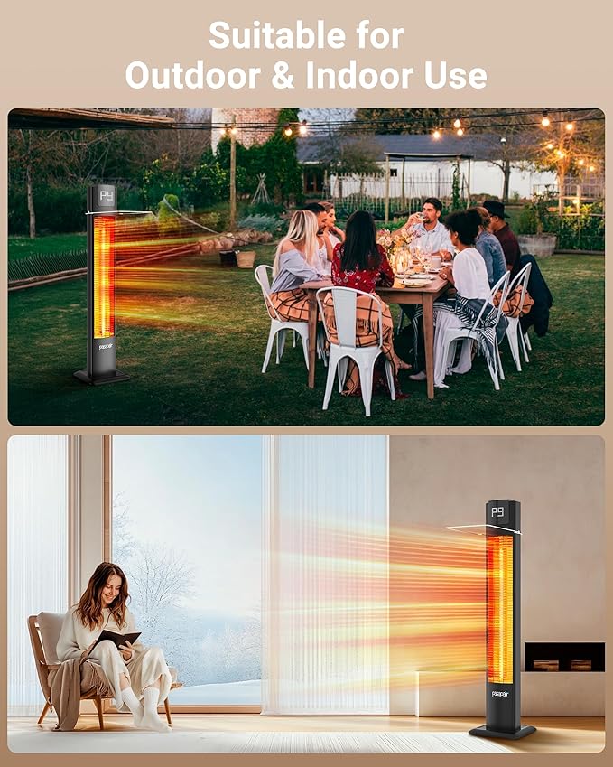 Pasapair 42" Outdoor Patio Heater - 1500W Infrared Tower Heater with Remote 12 Heat Levels and 9H Timer - IP55 ETL Certified for Garage, Indoor, Porch