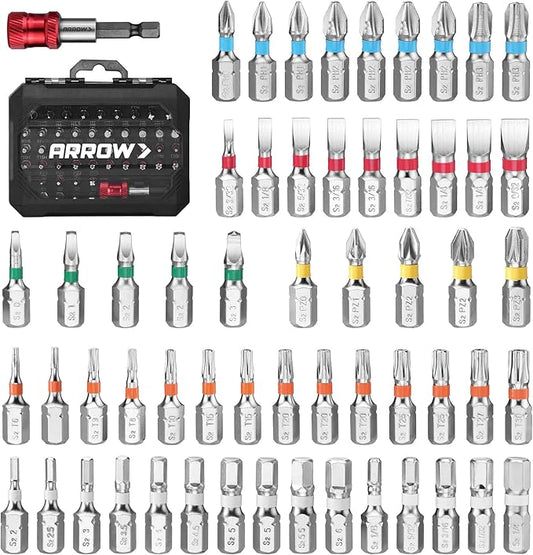 ARROW 59-Piece 1/4" Screwdriver Bit Set, S2 Steel Color-Coded Bits with Magnetic Bit Holder & Storage Case, Compatible with Power Drill, Screwdriver, and Mini Ratchet Wrench
