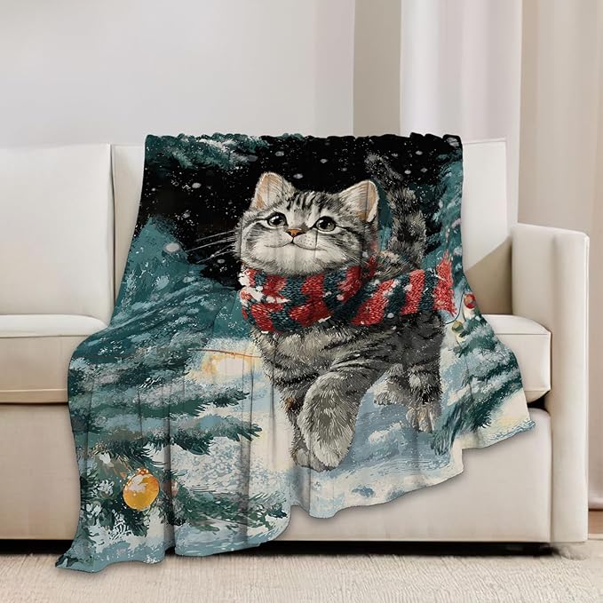 Cat Blanket Christmas Winter Night Throw Blankets Kitten Gifts for Girls Boys Kids Cat Lover Soft Cozy Fleece Plush for Couch Sofa Bed 60"x50"