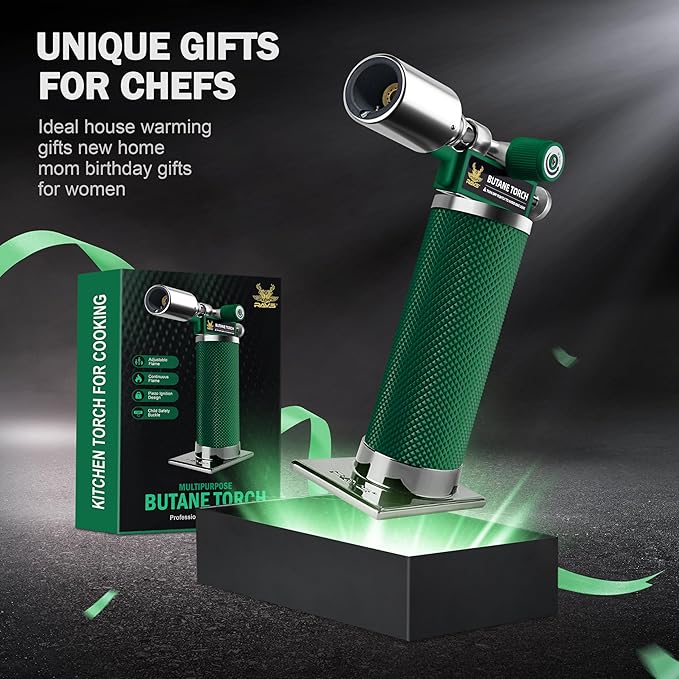 RAVS Butane Torch Lighter, Creme Brulee Torch with Adjustable Flame, Cooking Torch for Baking, BBQ, DIY, Christmas Gifts Stocking Stuffers Gifts for Women, Green, Butane Gas Not Included
