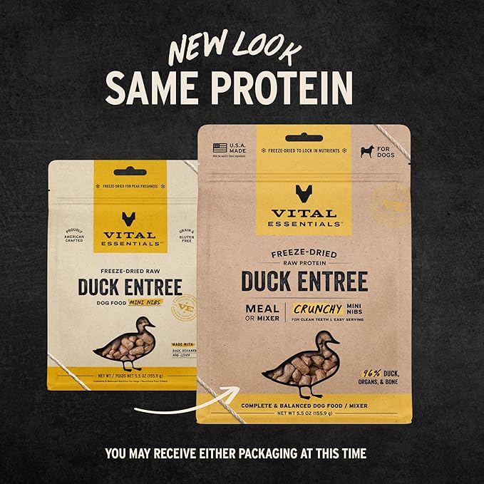 Vital Essentials Freeze-Dried Raw Duck Crunchy Mini Nibs | Complete Meal or Mixer Dog Food | 5.5 oz