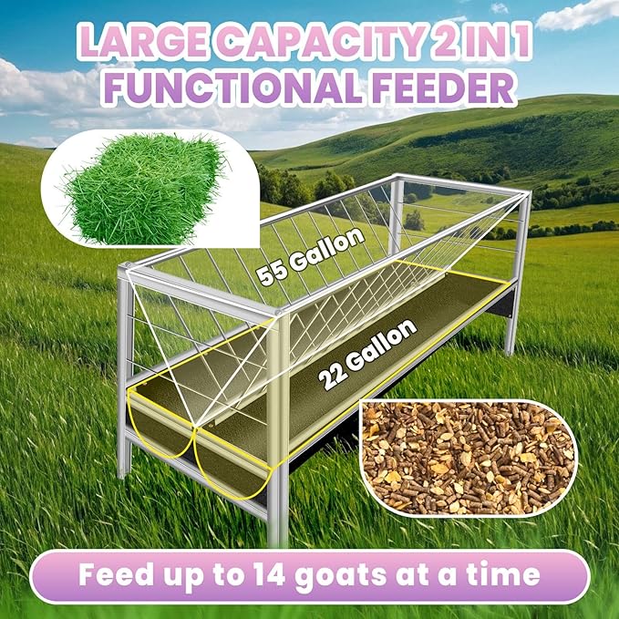 Heavy Duty 77 Gallon Livestock Feeder, Stainless Steel, 2-in-1 Design with 55 Gallon & 22 Gallon Compartments for Hay & Pellet Feed, Goats, Horses, Easy to Assemble and Maintain