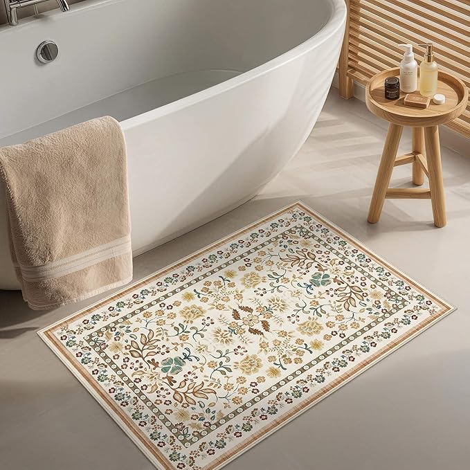 Door Mat Entrance Rug: 2x3 Washable Area Rug Boho Floral Small Rug - Non-Slip Low Pile Throw Indoor Carpet for Entryway Kitchen Front Door Bathroom Entry Kids Room - Brown