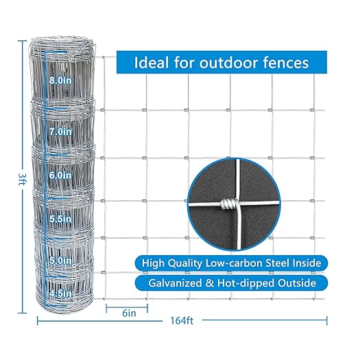 Farm Fence 3ft x 164ft Heavy Zinc Coating Cattle Fence,Galvanized Field Wire Fencing Deer Goat Hog Wire Fencing for Yard Livestock & Animals Protection