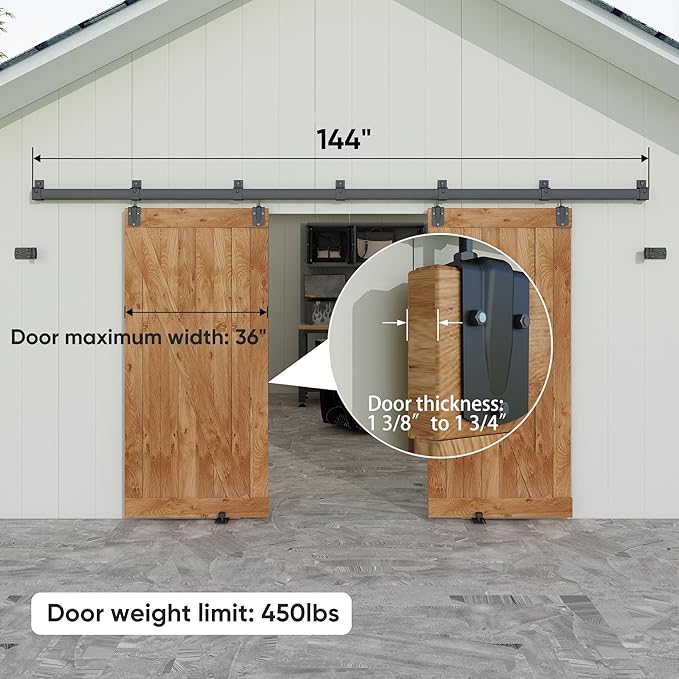 JUBEST 12FT Box Rail Exterior Barn Door Hardware Kit, Heavy Duty Sliding Door Track Kit Wall Mount Door Hardware Kit for Two Doors System(Doors Not Included), Black