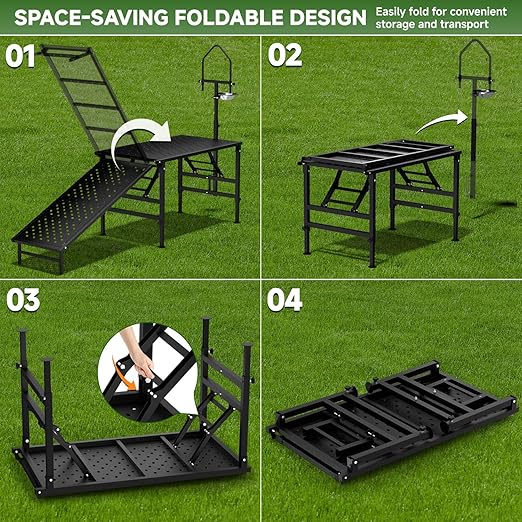 Goat Milking Stand with a Ramp, Metal Goat Stand with Feed Bin, 600LBS Livestock Trimming Stand with Height Adjustable, Sturdy Sheep Stand for Goats and Lambs, Black.