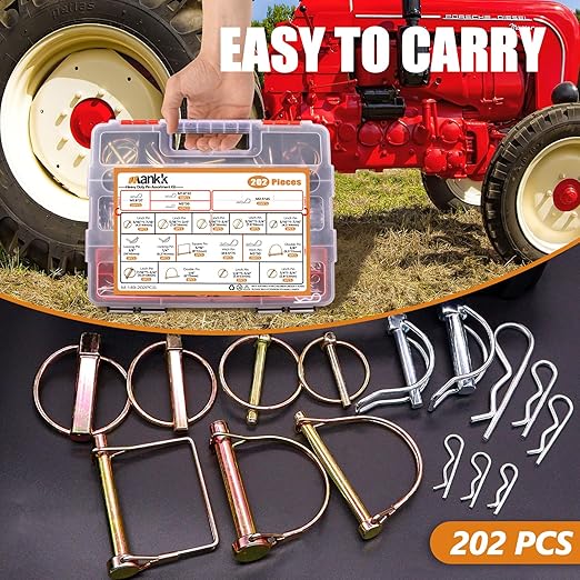 Mankk 202PCS Heavy Duty Hitch Pin Clip Assortment Kit - Tractor, Linch, PTO, R Clip, Hair Pins for Farm Tractors, Trailers, Trucks, Attachments, Lawn Mowers