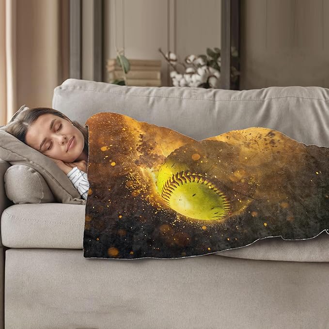 Softball Throw Blanket 60"x80", Sports-Themed Blankets for Game Room Bedroom Decor, Soft Flannel Polyester Warm Cozy Gifts for Kids Adults