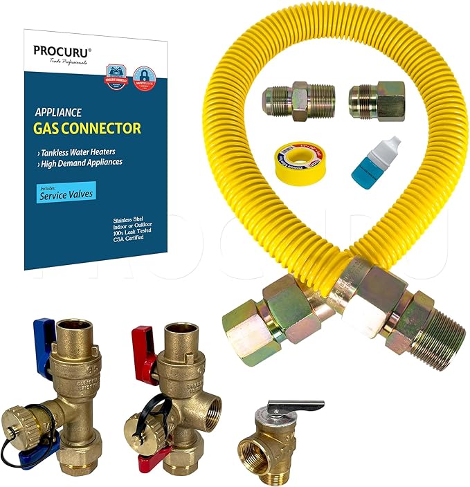 PROCURU 1" OD x 24" (2Ft) x 3/4"MIP x 3/4"FIP Flexible Gas Connector Kit with Service Valve Kit (Sweat), WP Stainless Steel MaxFlow High Capacity Tubing for Tankless Water Heater (Blue-D2 Series)