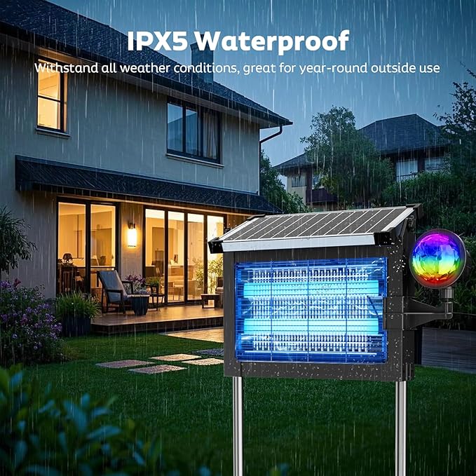 Solar Bug Zapper Outdoor with Projector Lights, Mosquito Zapper Waterproof Electric Fly Zapper Rechargeable with 10W Solar Panel, 4500V Cordless Fly Trap for Backyard, Patio, Garden, Camping