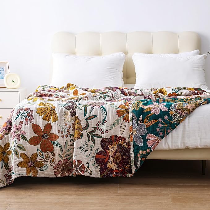 Boho Throw Blanket for Bed, 100% Cotton Muslin Soft Twin Throw-Floral Farmhouse Rustic Decor Blanket for Couch Sofa Quilt and Gift, 60" x 80"-BeigeWhite