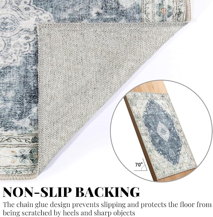 MUJOO Boho Rug 3'x5' Blue Grey Rugs Machine Washable Area Rug Small Non Slip Throw Rugs for Entryway Bedroom Bedside Kitchen Hallway Living Room Laundry Room Indoor Carpet Soft Low-Pile Floral