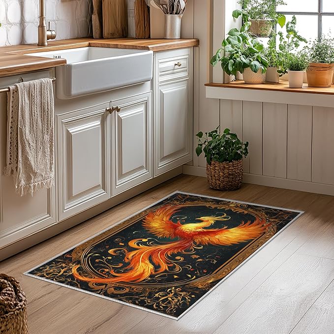 2x3 Phoenix Area Rugs Boho Vintage Phoenix Rug for Bathroom Kitchen Entryway Indoor Soft Non-Slip Thin Hippie Carpet Small Doormat for Office Dining Room Under Table Washable Machine