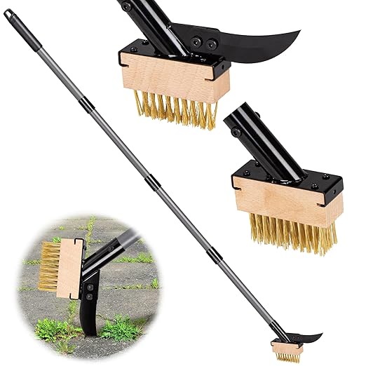 Walensee 3-in-1 Crack Weeder & Moss Remover Brush with 66.5-Inch Adjustable Handle, Weed Puller with 2 Replaceable Brush Heads and Scraper for Deck, Patio, Walkway, Driveway Crevice Cleaning Tool