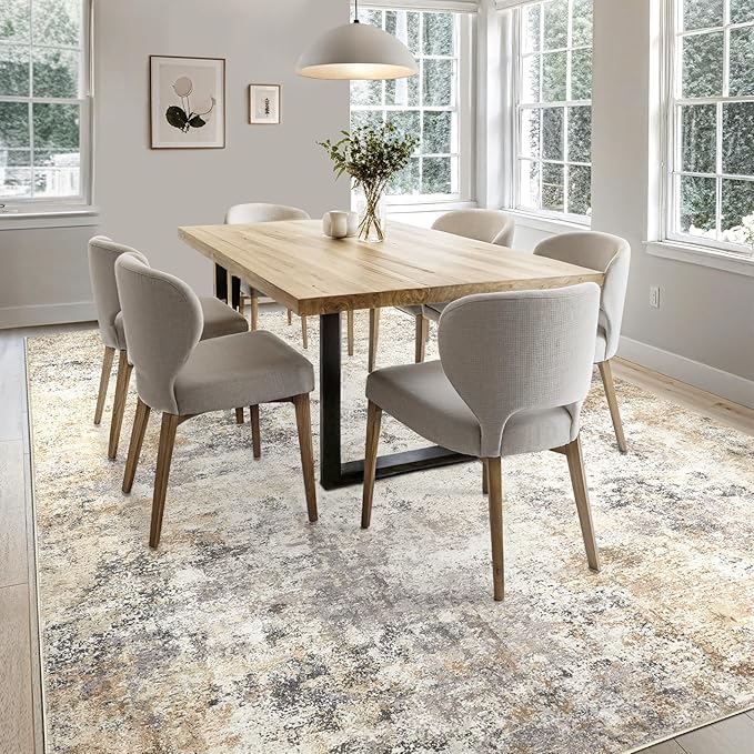 7x9 Area Rug Living Room Rugs - Washable Neutral Modern Abstract Soft Thin Large Rug Indoor Floor No Slip Rug Carpet for Bedroom Under Dining Table Home Office Decor - Golden Grey