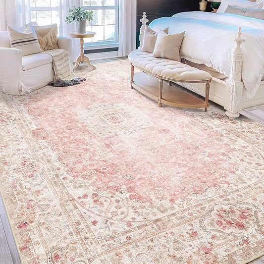 9x12 Area Rugs Washable,Pink Rug for Living Room Bedroom Dining Room,Large Boho Vintage Bohemian Distressed Carpet Non Slip,Blush