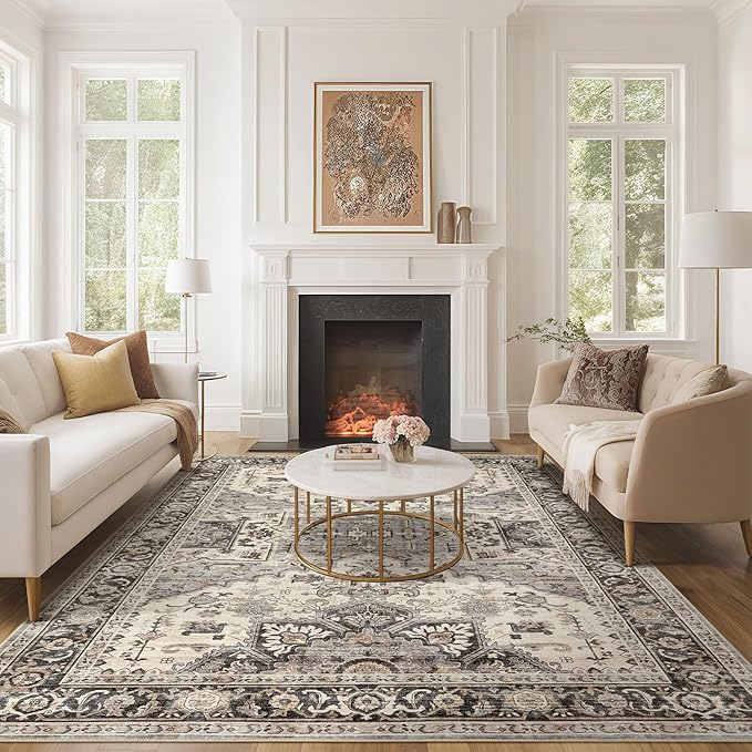 Area Rug for Living Room - 10x14 Soft Machine Washable Oriental Vintage Floral Distressed Large Indoor Floor Carpet for Bedroom Under Dining Table Home Office Decor - Brown