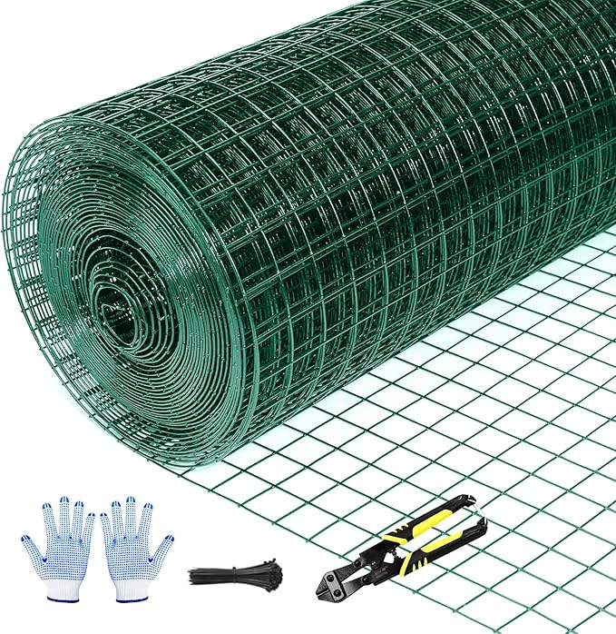 Tongmo 24" x 100' Green Chicken Wire Fencing, 19 Gauge Green Wire Fence, 1"x1" Mesh Size Metal Welded Wire Garden Fence Roll, Poultry Netting for Rabbit/Duck/Chicken