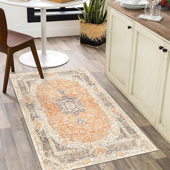 Small Rugs 2x3,Boho Rug for Entryway Bathroom Bedroom Kitchen Entrance Doormat,Vintage Bohemian Distressed Washable Accent Floor Throw Carpet Non Slip,Retro Orange Grey Floral