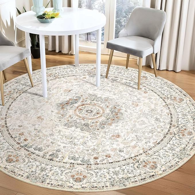 Boho Round Rug 5ft,Washable Circle Area Rugs for Bedroom Living Room,Beige Vintage Bohemian Distressed Oriental Floral Carpet Non Slip