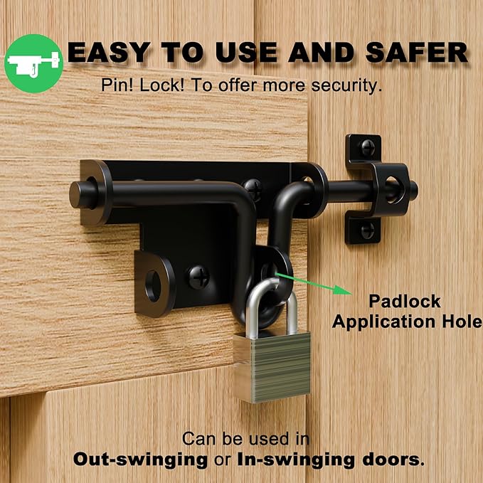 Heavy Duty Slide Bolt Gate Latch for Wooden Fence, 2 Way Barn Door Latch with Padlock Hole, Offset and Flush Mounted Gate Latch for Outdoor Gates/Yard Fence/Shed Door, Black, 2 Pack