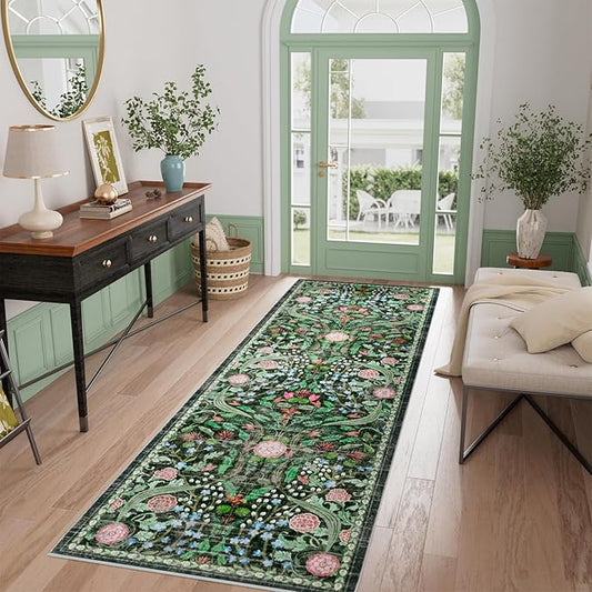 AMTOVO 2.7x8 Runner Rug for Hallway, Washable Non-Slip Long Kitchen Carpet, Floral Vintage Distressed Floor Mat for Hallways Entryway Living Room Laundry Room Bathroom Farmhouse, Dark Green
