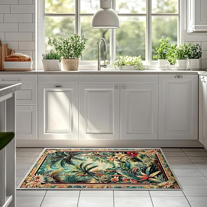 2x3 Tropical Rainforest Area Rugs Boho Forest Rug for Bathroom Kitchen Entryway Indoor Soft Non-Slip Thin Hippie Carpet Small Green Doormat for Office Dining Room Under Table Washable Machine