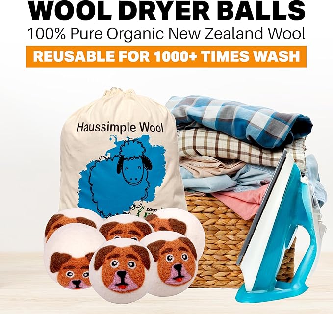 Wool Dryer Balls 6-Pack 100% Natural New Zealand Wool, Handmade in Nepal Reusable Laundry Balls, Faster Drying, Softer Clothes, Anti-Static, Dryer Sheets Alternative (Orange Dog)