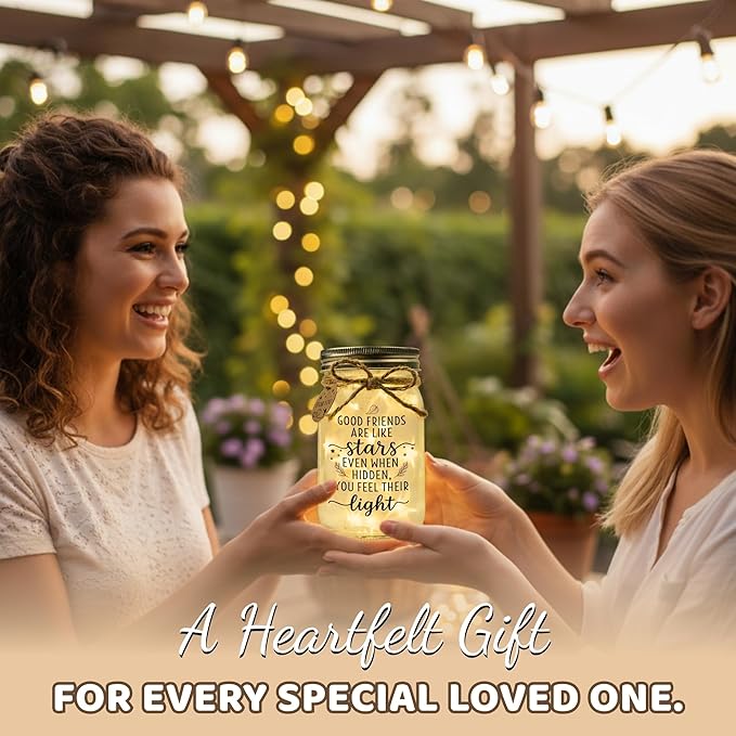 SOLMAY Friendship Gifts for Women – “Good Friends Are Like Stars” Mason Jar Night Light, Best Friend Birthday Gift for Women, Sentimental Christmas Gifts for Her, Cozy Rustic Home Decor Ready to Gift