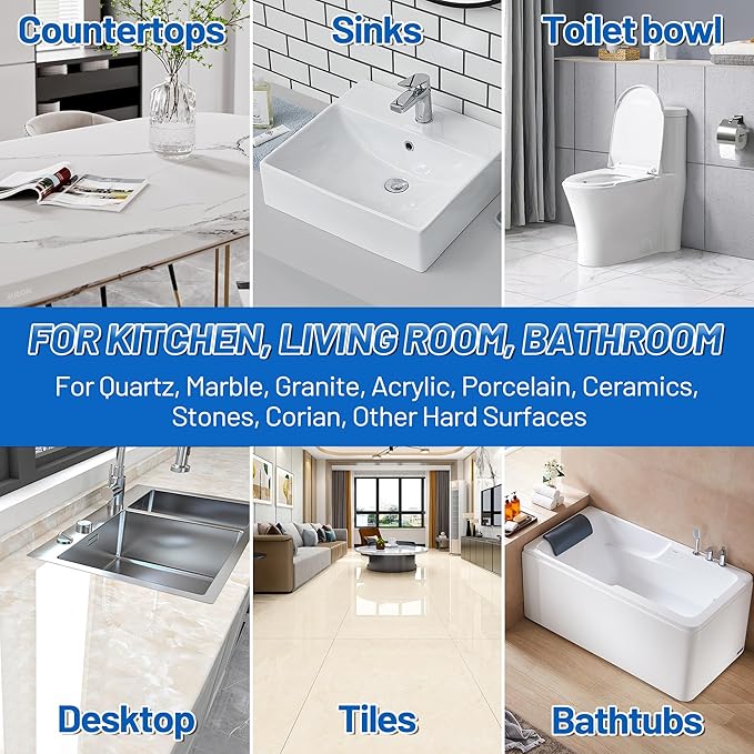 Quartz Countertop Repair Kit (Clear, White, Gray, Beige) 30s Fast Curing DIY Fix Luxury Stone, Granite Marble Acrylic Porcelain Fiberglass Quartz Countertop Chip Repair Kit for Cracks Holes Scratches