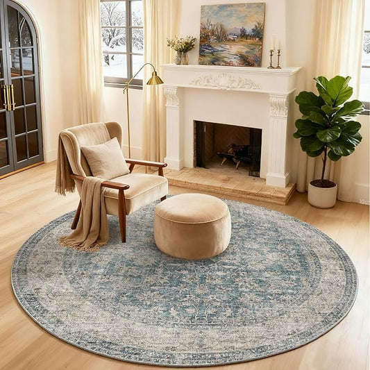 4x4 Round Living Room Rug: Washable Bedroom Rug Stain Resistant Boho Rug Non Slip Low Pile Small Carpet for Bedroom Kitchen Entryway Living Room Bedside Office Dorm Kids Room Entrance