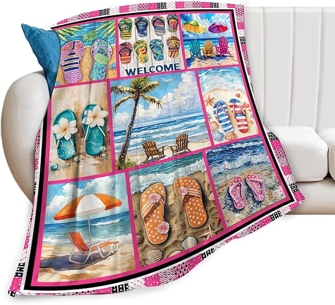 Coastal Blanket Ultra Soft Cozy Ocean Beach Palm Tree Throw Blanket Fleece Fuzzy Plush Bedding Blanket Beach Flip-Flops Decor Gifts for Women Girls Adults Couch Sofa 80"x60"