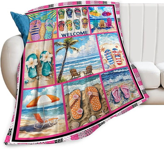Coastal Blanket Ultra Soft Cozy Ocean Beach Palm Tree Throw Blanket Fleece Fuzzy Plush Bedding Blanket Beach Flip-Flops Decor Gifts for Women Girls Adults Couch Sofa 50"x40"