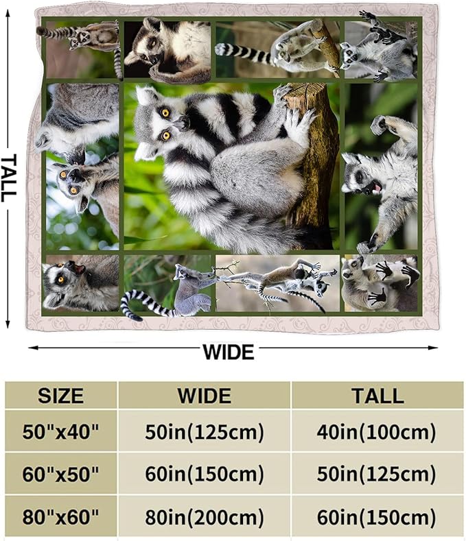 Lemur Blanket Gifts for Girls Boys Soft Warm Plush Wild Animal Lemur Throw Blanket Flannel Fleece Fuzzy Blankets for Kids Lover Bed Couch Living Room Decor 60"X50"