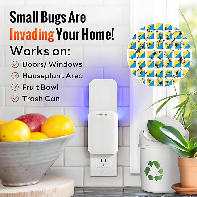 Mosalogic Fruit Fly Traps for Indoors Gnat Trap for House Indoor-600 Sqft Protection Area UV Fly Insect Trapper for Fruit Flies,Gnat,Mosquito,and Other Flying Insect Plug in Bug Killer White