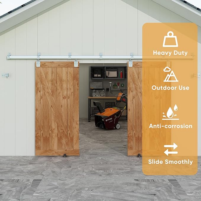 JUBEST 12FT Box Rail Exterior Barn Door Hardware Kit, Heavy Duty Sliding Door Track Kit Wall Mount Door Hardware Kit for Two Doors System(Doors Not Included), Silver