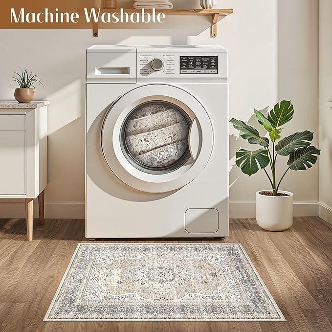 2x3 Washable Entryway Rug: Non-Slip Soft Indoor Throw Small Vintage Floral Area Rug for Kitchen Bedroom, Low Pile Durable Carpet for Front Door Porch Floor Doormat Home Decor (Camel/Beige)