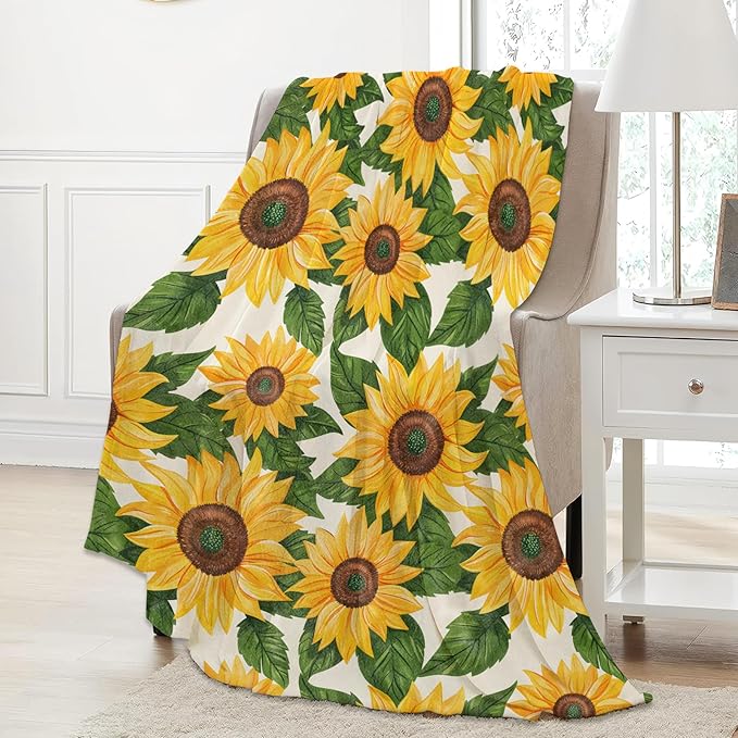 Sunflower Theme Throw Blanket Gifts for Women, Soft Fuzzy Warm Cozy Flannel Blankets for Bedroom, Travel, Couch, Home Decor 40x50 in