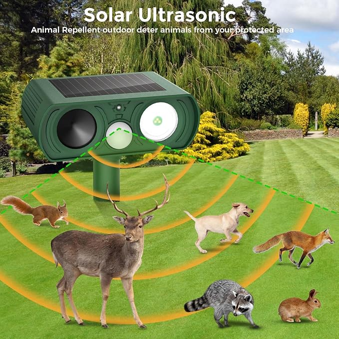 Upgraded Solar Ultrasonic Animal Repellent Outdoor, Deer Repellent Devices Squirrel Cat Raccoon Rabbit Dog Deterrent, Keep Rodent Chipmunk Away Motion Detection with Flash Light for Yard Garden Lawn