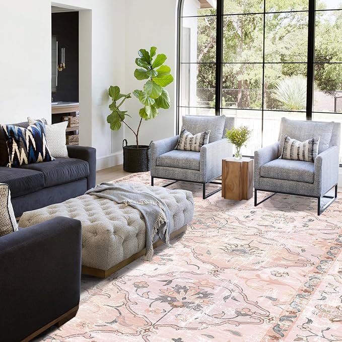 Boho Vintage Area Rugs 8×10 Washable Non-Slip Traditional Pink Area Rug for Living Room Bedroom Dining Room Farmhouse