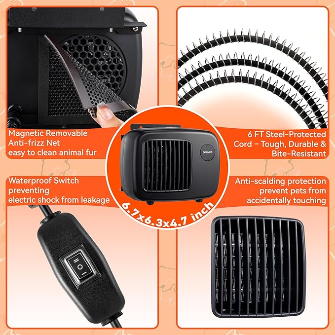 Dreyoo 600/300W Dog House Heater with Thermostat, Pet Heater with 6FT Anti Chew Cord and Safe Overheat Protection, 2 Heating Mode Pet Warmer for Dogs Chicken Coops Rabbits(Black,1 Pcs)