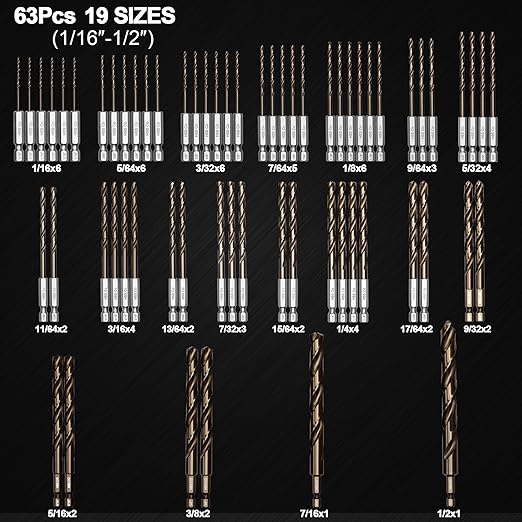 1/4 Hex Shank Cobalt Drill Bit Set 63Pcs 1/16"-1/2", M35 HSS Twist Impact Drill Bits for Metal and Hardened Steel, with Indexed Storage Case