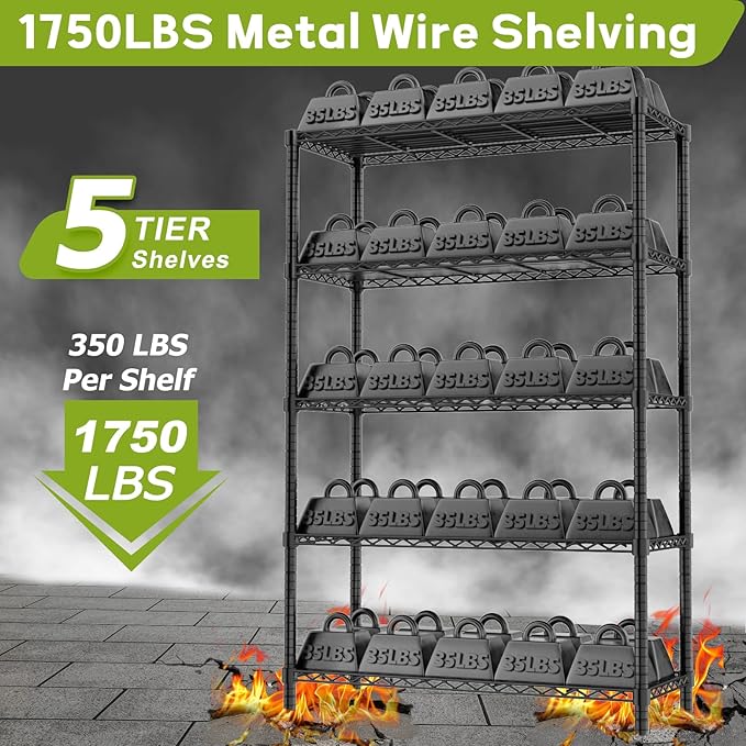 Storage Shelves, 2 PCS 36" L x 14" W x 72" H Heavy Duty Garage Wire Shelving Unit Loads 1750LBS, 5-Tier Adjustable Metal Industrial Utility Shelf Rack for Kitchen, Laundry Room, Basement