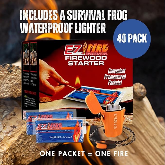 – 40 Pack All-Natural Fire Starters for Campfires, Fire Pits, BBQs & Fireplaces – Long Burning, Weather-Resistant, Non-Toxic + Survival Frog Rechargeable Lighter Kit