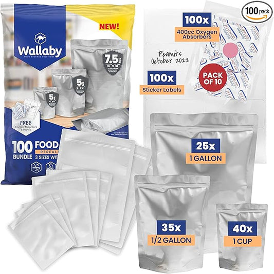 Wallaby 100ct Multi-Size Mylar Bags, 400cc Oxygen Absorbers, 15 & 10 Mil Total Thickness, 1-Gal, 1-Qt, 1/2-Pt, Stand-Up, Zipper & Heat-Sealable, Gusseted Zipper Bags for Long-Term Food Storage