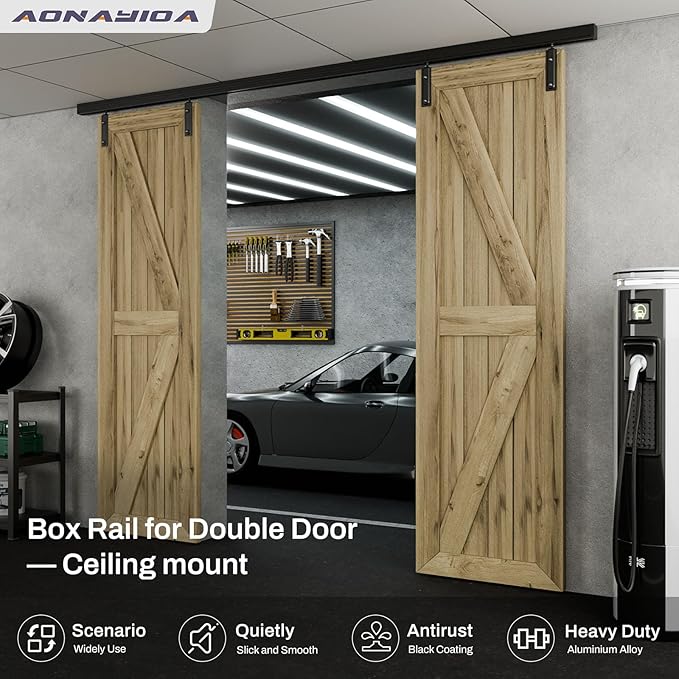 96"/8FT Ceiling Mount Box Rail Barn Door Hardware Heavy Duty Sliding Barn Door Track, Aluminium Alloy Kit for Double Door (No Door)