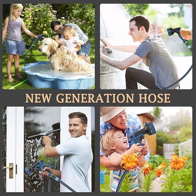 Heavy Duty Non-Expanding Garden Hose 50ft - Durable Reinforced Water Hose with Leak-Proof Construction ， Kink-Resistant, TPV material, 10-Function Spray Nozzle, 3/4" Connector & Portable Strap（50FT)