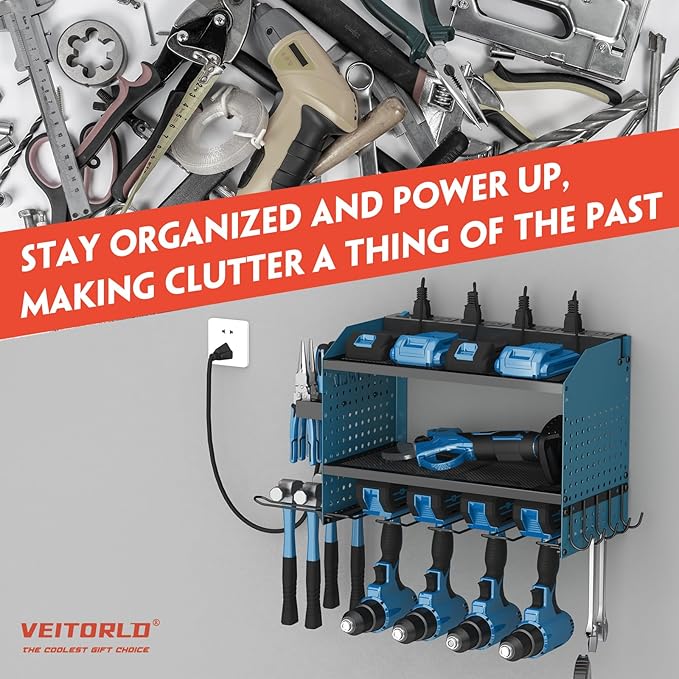 Veitorld Power Tool Organizer with Power Strip, 4 Drill Holders Tool Storage, Heavy Duty Rack for Garage Organization, Wall Mount Tool Organizer, Christmas Anniversary Birthday Gifts for Men Dad Him