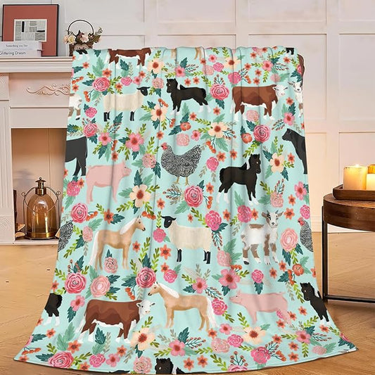 Cow Horse Blanket Super Cozy Soft Pig Goat Blanket Warm Plush Fluffy Chicken Flower Stuff Gifts for Women Girls Fleece Flannel Gift Blankets for Kids Adults 80"X60"